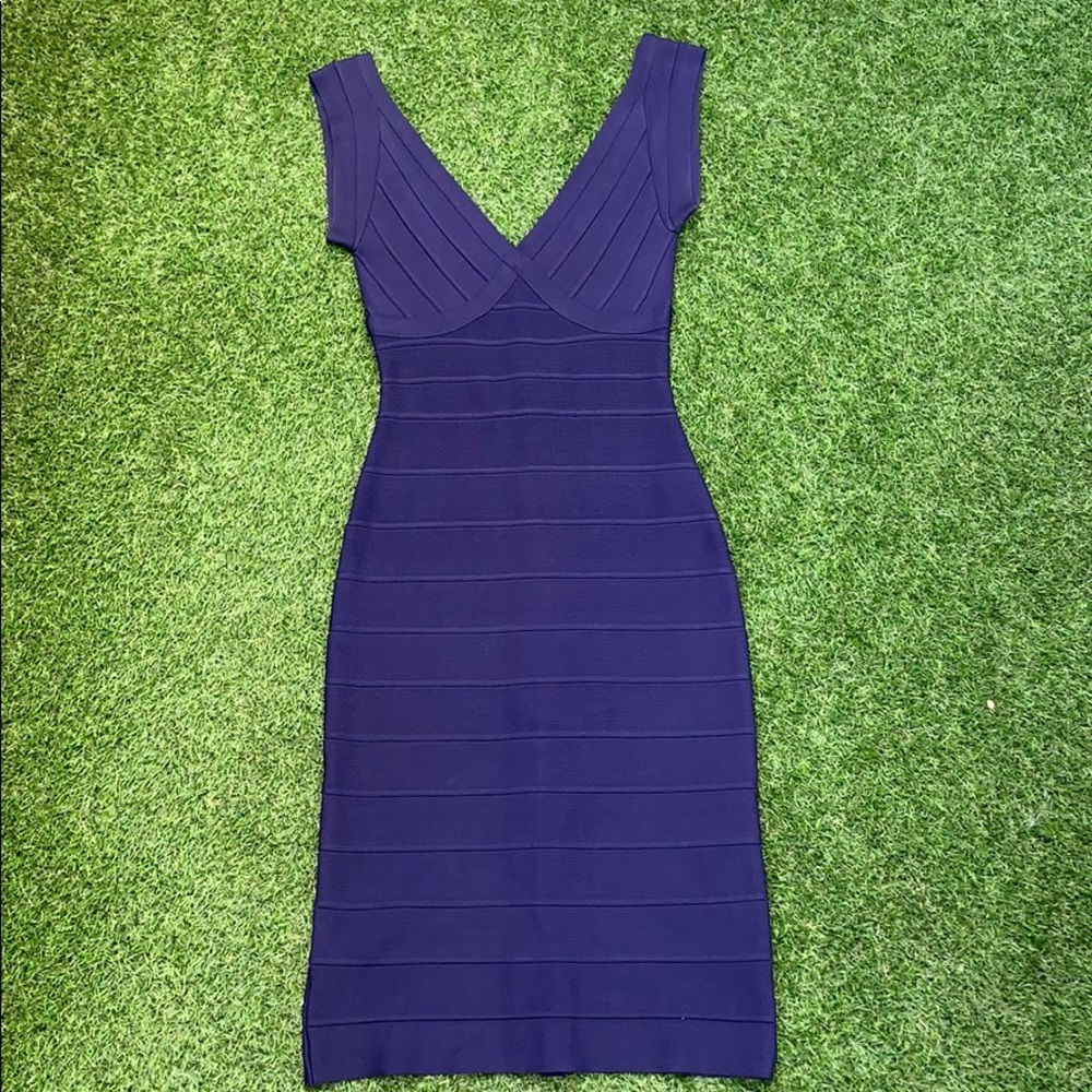 Herve Leger Navy Blue Bandage V-Neck Dress